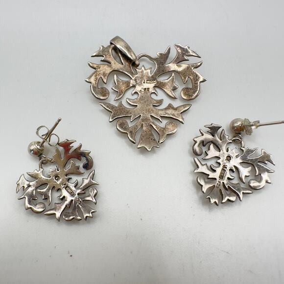 Vintage Cut Out Heart Pendant & Earrings Set Ster. Silver 925 Signed J. Rogers - Picture 7 of 13